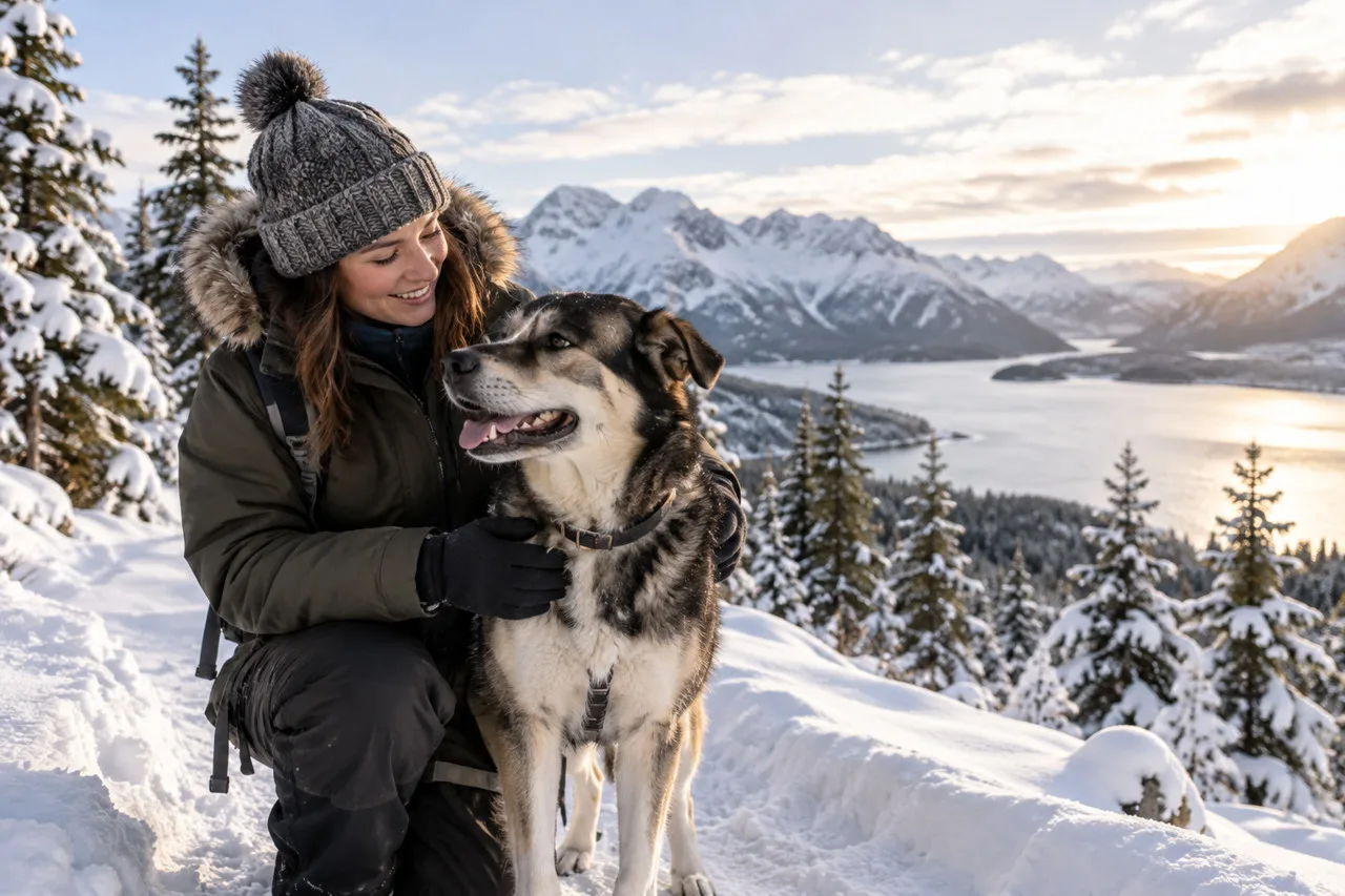 Owner outdoors holding a dog in a snowy landscape